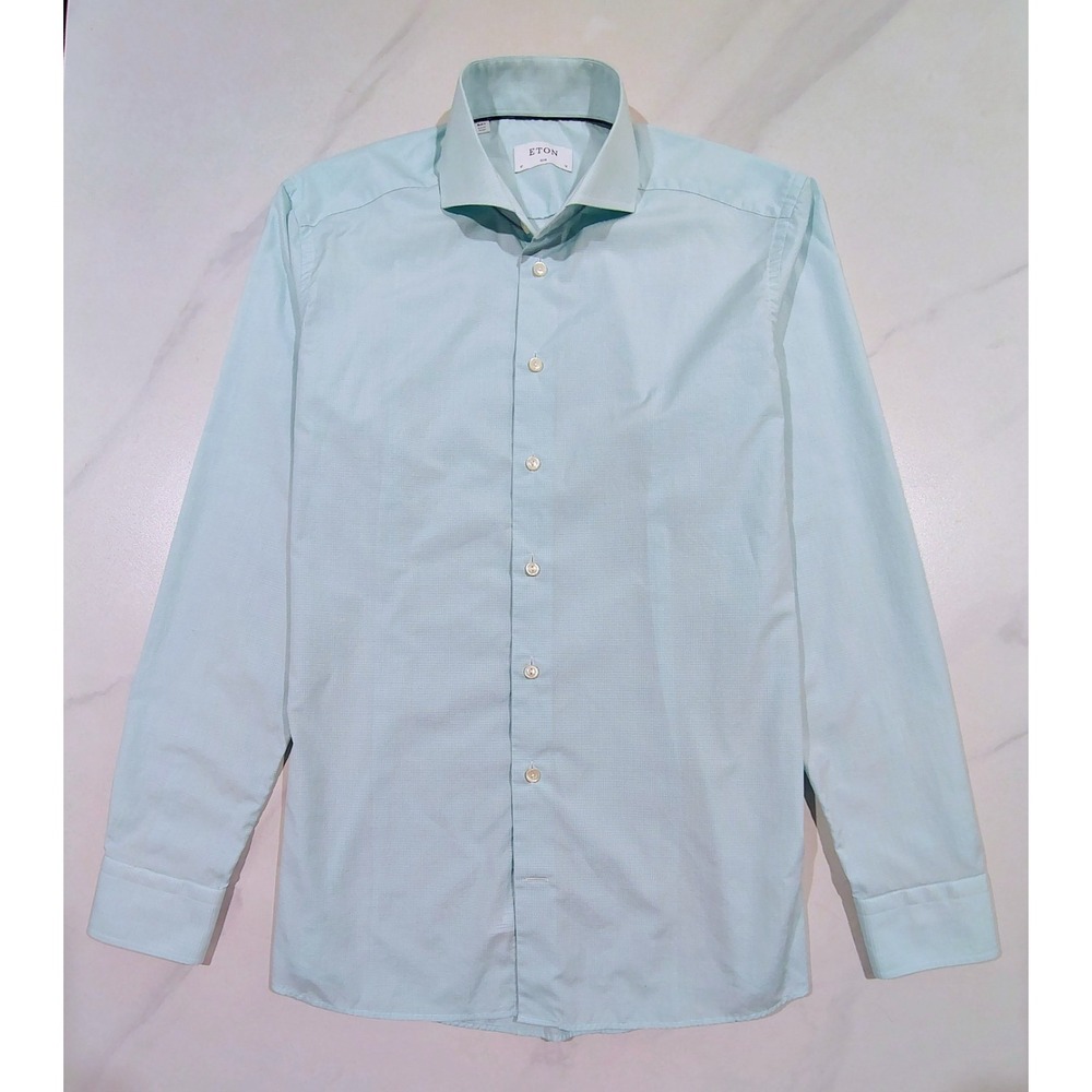 Eton Brighton Dress Shirt Size 16 Slim Mens Green Long Sleeve Micro Plaid Cotton